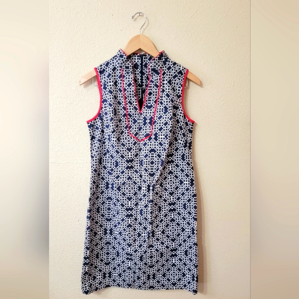 Eliza J Navy and White Geometric Midi Dress with Pink Trim